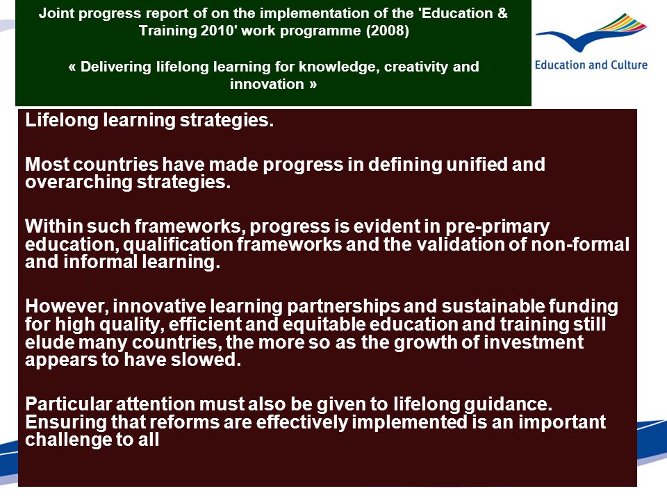 Joint progress report of on the implementation of the Education & Training 2010 work programme (2008) « Delivering lifelong learning for knowledge, creativity and innovation » Lifelong learning strategies.