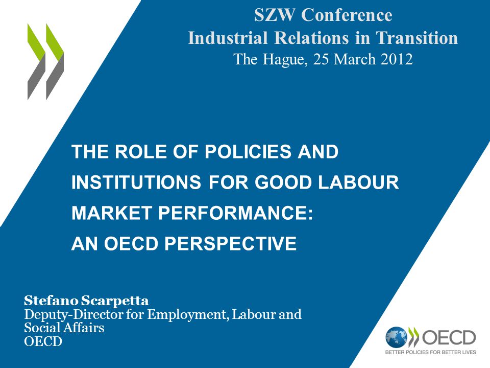 THE ROLE OF POLICIES AND INSTITUTIONS FOR GOOD LABOUR MARKET PERFORMANCE: AN OECD PERSPECTIVE Stefano Scarpetta Deputy-Director for Employment, Labour and Social Affairs OECD SZW Conference Industrial Relations in Transition The Hague, 25 March 2012
