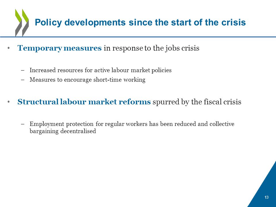 Temporary measures in response to the jobs crisis – Increased resources for active labour market policies – Measures to encourage short-time working Structural labour market reforms spurred by the fiscal crisis – Employment protection for regular workers has been reduced and collective bargaining decentralised 13 Policy developments since the start of the crisis