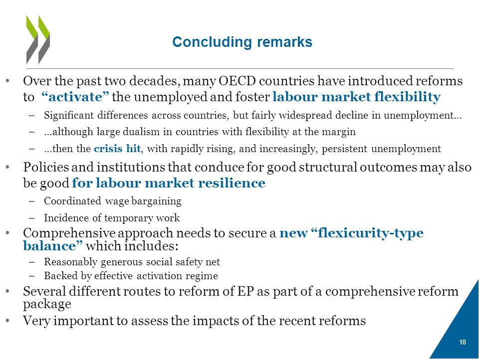 18 Over the past two decades, many OECD countries have introduced reforms to activate the unemployed and foster labour market flexibility – Significant differences across countries, but fairly widespread decline in unemployment… – …although large dualism in countries with flexibility at the margin – …then the crisis hit, with rapidly rising, and increasingly, persistent unemployment Policies and institutions that conduce for good structural outcomes may also be good for labour market resilience – Coordinated wage bargaining – Incidence of temporary work Comprehensive approach needs to secure a new flexicurity-type balance which includes: – Reasonably generous social safety net – Backed by effective activation regime Several different routes to reform of EP as part of a comprehensive reform package Very important to assess the impacts of the recent reforms Concluding remarks