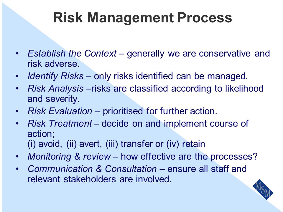 Risk Management Process Overview I N P UT Establish Context Identify Risks Analyse Risks Evaluate Risks Treat Risks M O N I T O R & R EV I E W