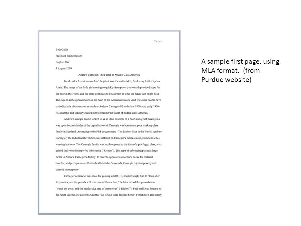 A sample first page, using MLA format. (from Purdue website)