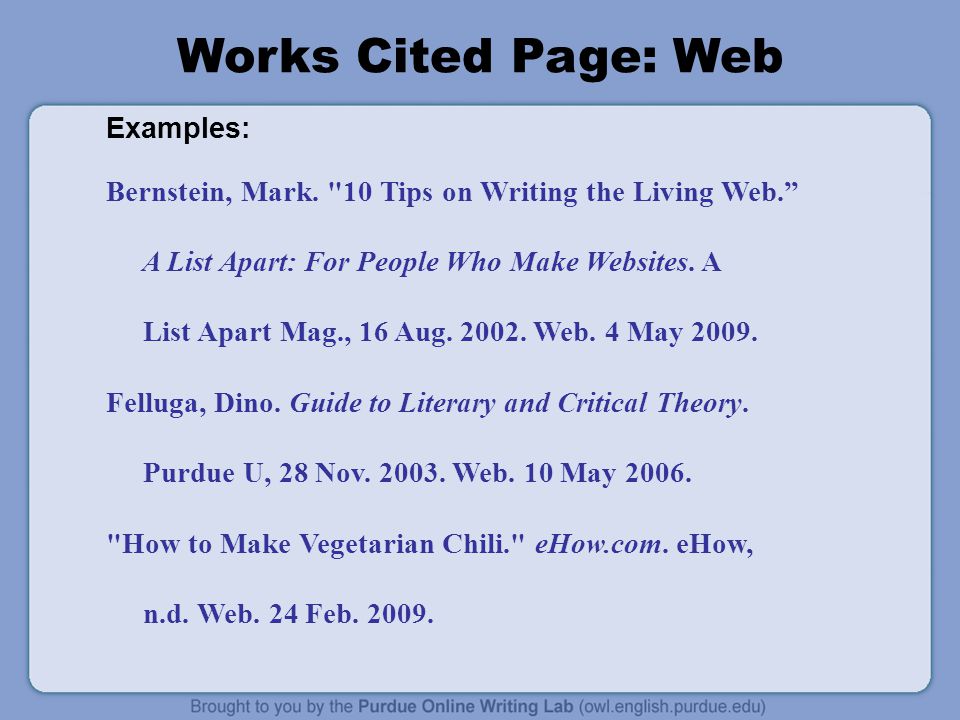 Works Cited Page: Web Examples: Bernstein, Mark.