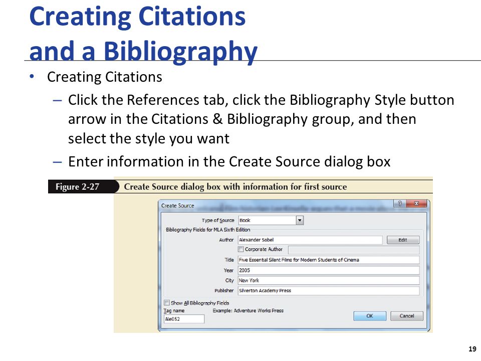 XP Creating Citations and a Bibliography Creating Citations – Click the References tab, click the Bibliography Style button arrow in the Citations & Bibliography group, and then select the style you want – Enter information in the Create Source dialog box 19