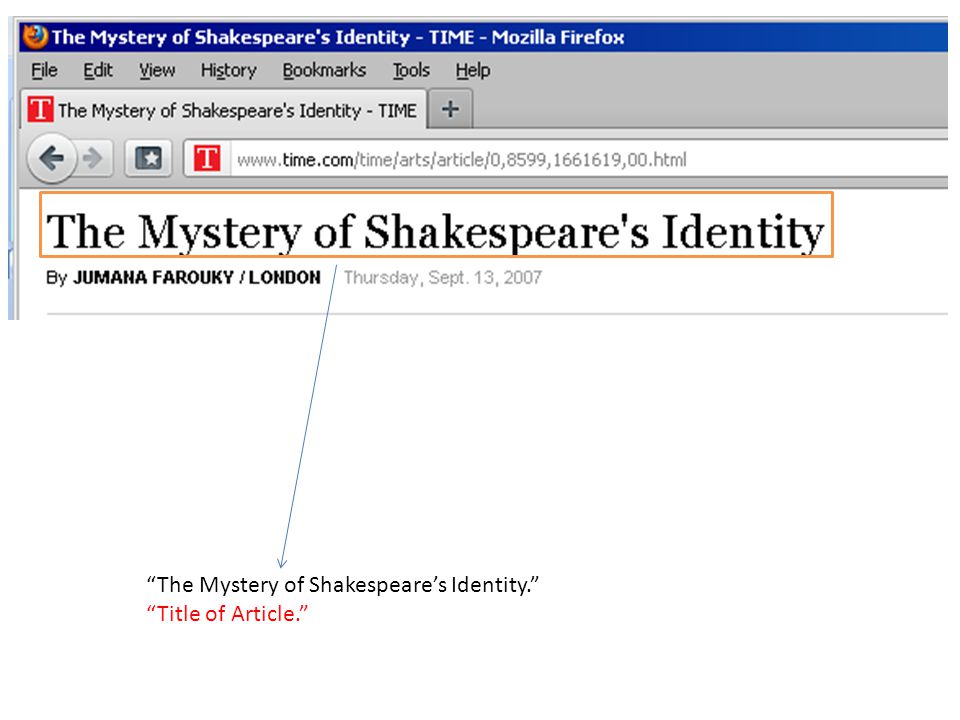 The Mystery of Shakespeare’s Identity. Title of Article.