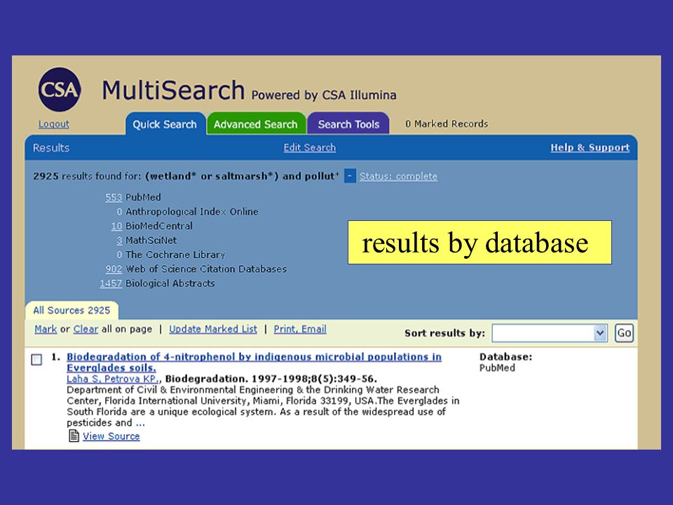 results by database