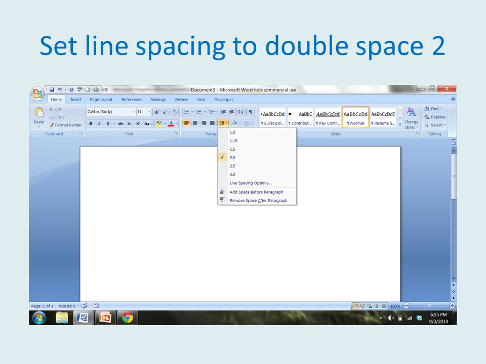 Set line spacing to double space 2