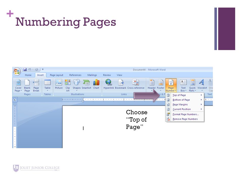 + Numbering Pages Choose Top of Page