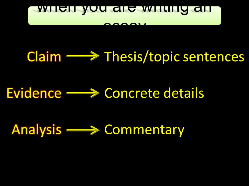 Thesis/topic sentences Concrete details Commentary when you are writing an essay