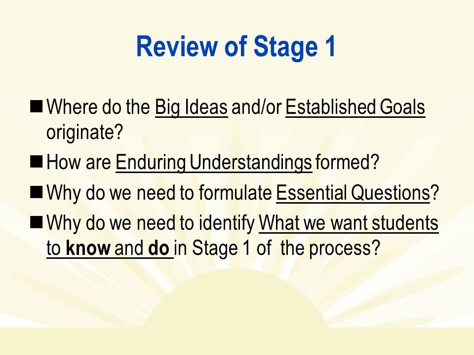 Review of Stage 1 Where do the Big Ideas and/or Established Goals originate.
