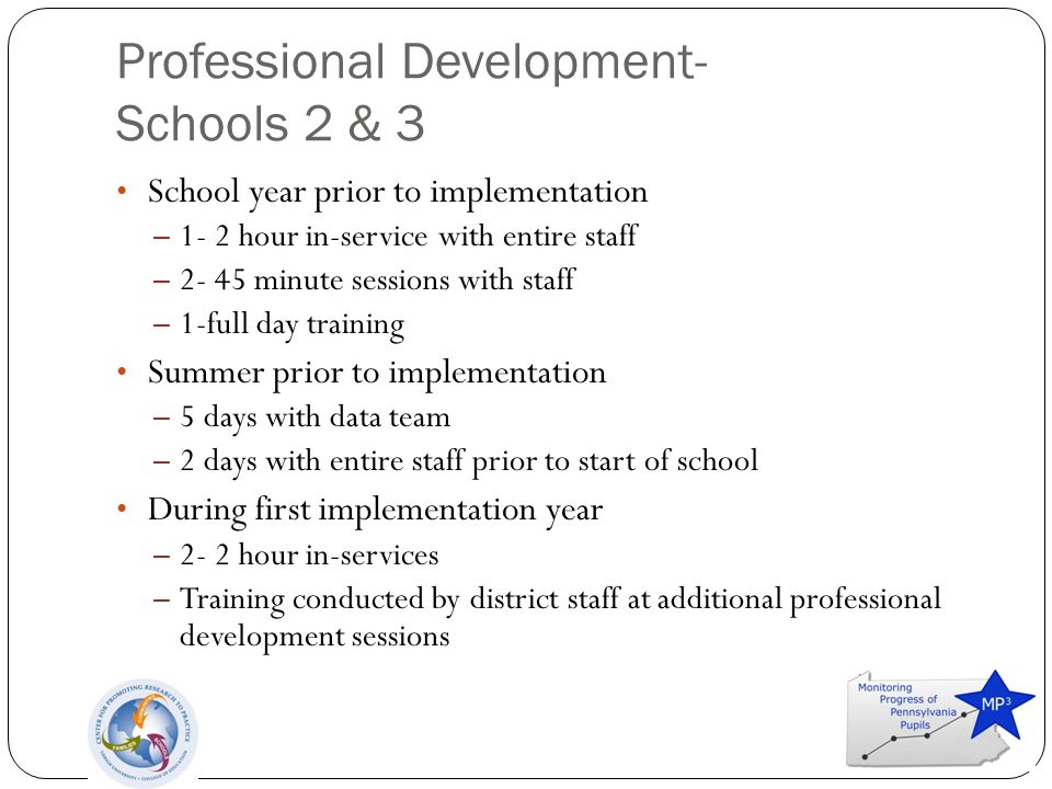 Professional Development- Schools 2 & 3 School year prior to implementation – 1- 2 hour in-service with entire staff – minute sessions with staff – 1-full day training Summer prior to implementation – 5 days with data team – 2 days with entire staff prior to start of school During first implementation year – 2- 2 hour in-services – Training conducted by district staff at additional professional development sessions