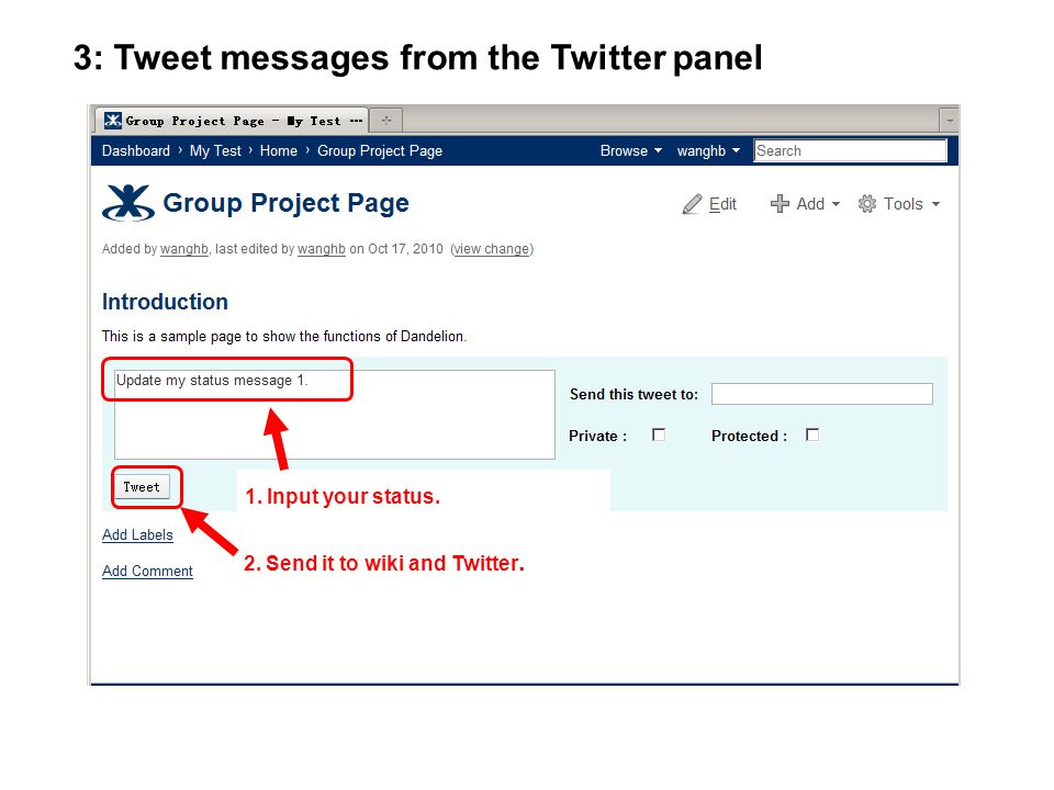 1. Input your status. 2. Send it to wiki and Twitter. 3: Tweet messages from the Twitter panel
