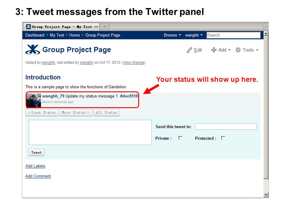 Your status will show up here. 3: Tweet messages from the Twitter panel