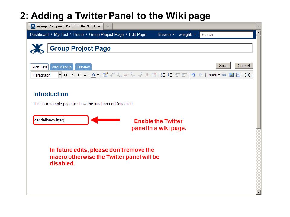 Enable the Twitter panel in a wiki page.