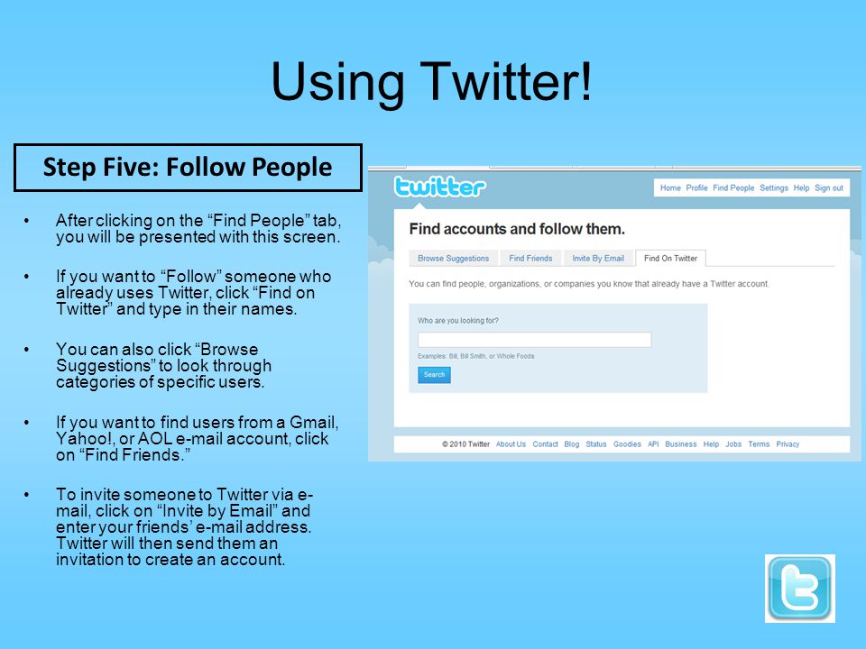 Using Twitter. After clicking on the Find People tab, you will be presented with this screen.