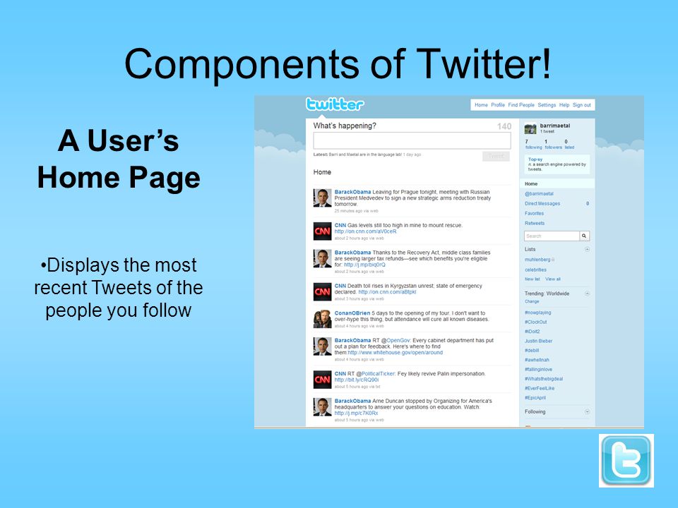 Components of Twitter! A User’s Home Page Displays the most recent Tweets of the people you follow