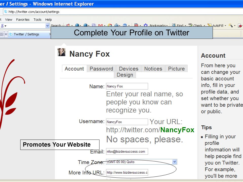 Complete Your Profile on Twitter Promotes Your Website