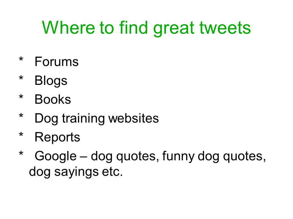 Where to find great tweets * Forums * Blogs * Books * Dog training websites * Reports * Google – dog quotes, funny dog quotes, dog sayings etc.