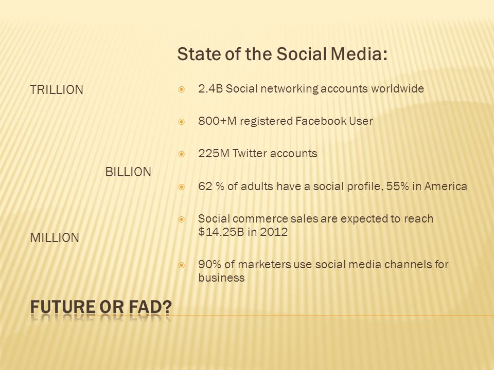 TRILLION BILLION MILLION State of the Social Media:  2.4B Social networking accounts worldwide  800+M registered Facebook User  225M Twitter accounts  62 % of adults have a social profile, 55% in America  Social commerce sales are expected to reach $14.25B in 2012  90% of marketers use social media channels for business