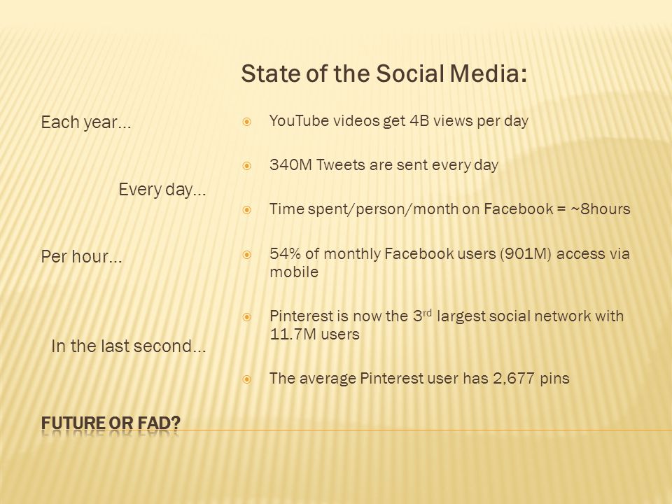 Each year… Every day… Per hour… In the last second… State of the Social Media:  YouTube videos get 4B views per day  340M Tweets are sent every day  Time spent/person/month on Facebook = ~8hours  54% of monthly Facebook users (901M) access via mobile  Pinterest is now the 3 rd largest social network with 11.7M users  The average Pinterest user has 2,677 pins