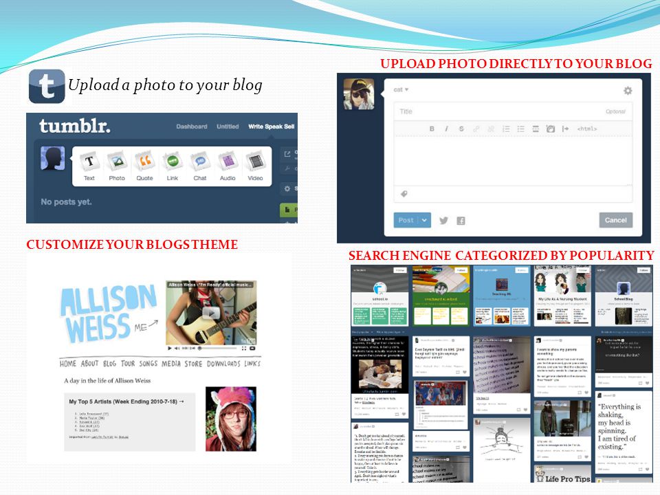 Upload a photo to your blog UPLOAD PHOTO DIRECTLY TO YOUR BLOG SEARCH ENGINE CATEGORIZED BY POPULARITY CUSTOMIZE YOUR BLOGS THEME