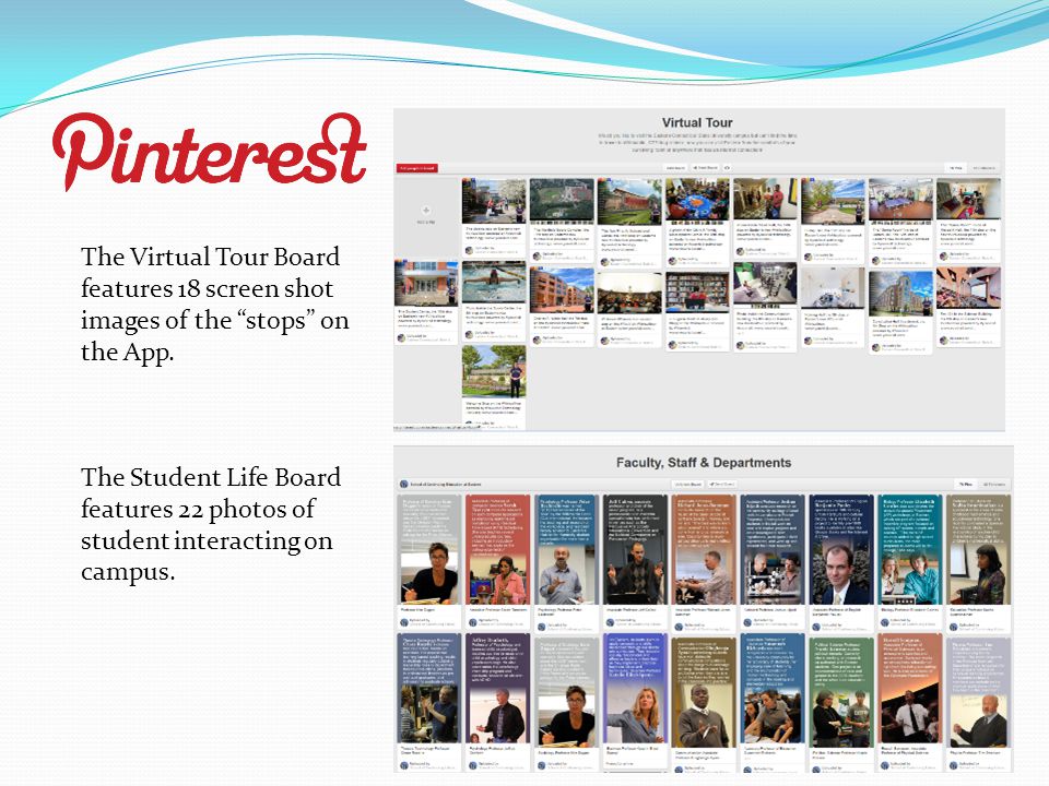 The Virtual Tour Board features 18 screen shot images of the stops on the App.