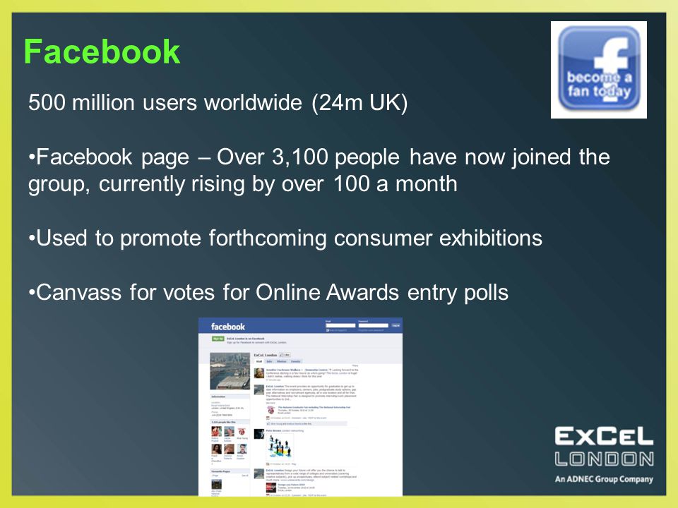 Facebook 500 million users worldwide (24m UK) Facebook page – Over 3,100 people have now joined the group, currently rising by over 100 a month Used to promote forthcoming consumer exhibitions Canvass for votes for Online Awards entry polls