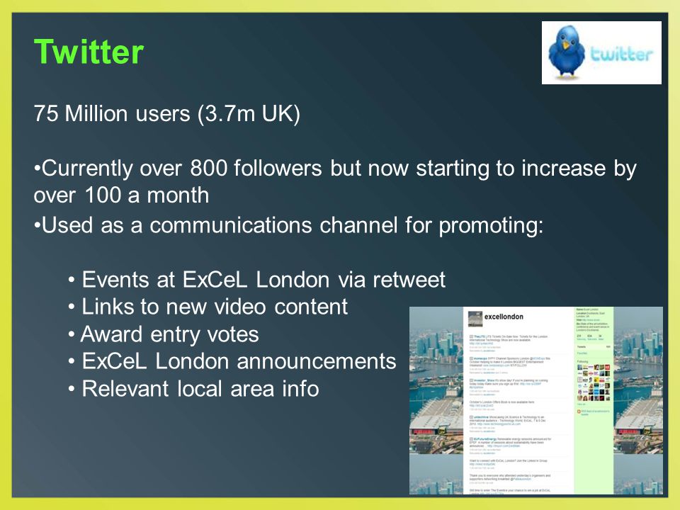 Twitter 75 Million users (3.7m UK) Currently over 800 followers but now starting to increase by over 100 a month Used as a communications channel for promoting: Events at ExCeL London via retweet Links to new video content Award entry votes ExCeL London announcements Relevant local area info