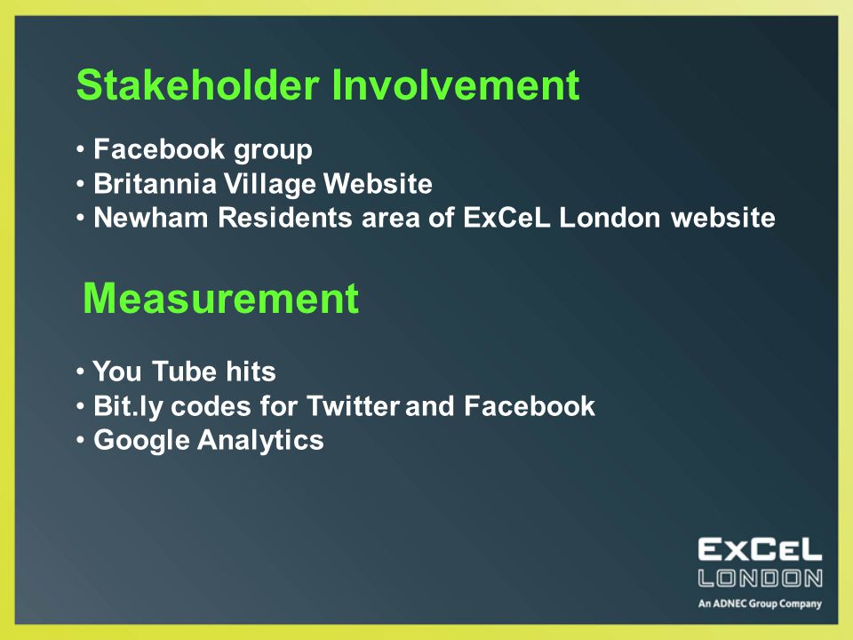 Stakeholder Involvement Facebook group Britannia Village Website Newham Residents area of ExCeL London website Measurement You Tube hits Bit.ly codes for Twitter and Facebook Google Analytics