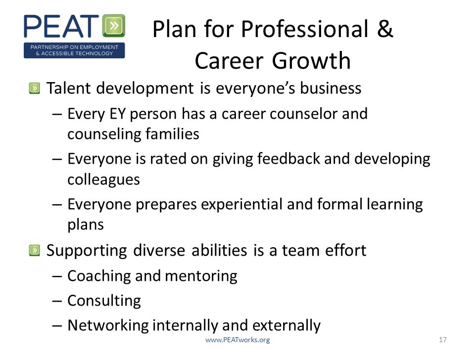 Plan for Professional & Career Growth Talent development is everyone’s business – Every EY person has a career counselor and counseling families – Everyone is rated on giving feedback and developing colleagues – Everyone prepares experiential and formal learning plans Supporting diverse abilities is a team effort – Coaching and mentoring – Consulting – Networking internally and externally