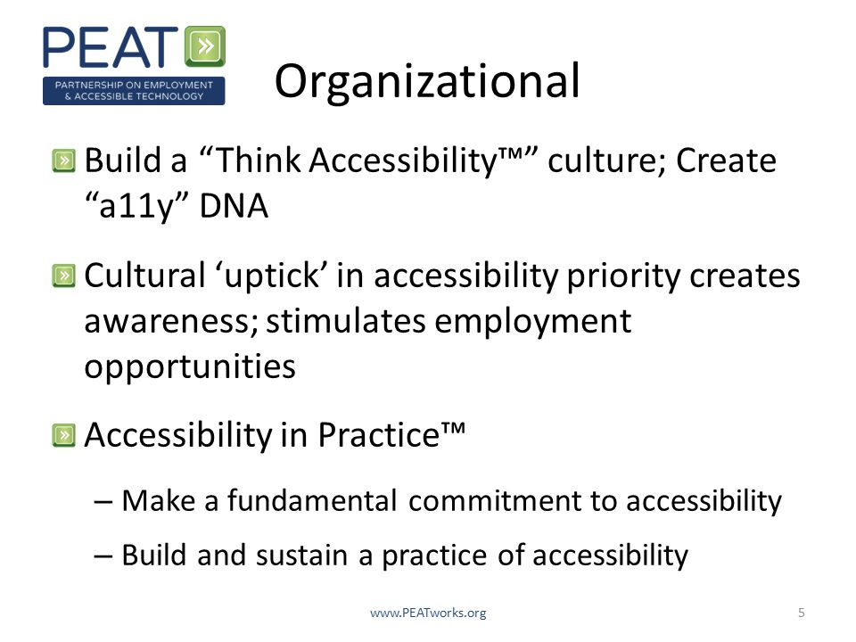 Organizational Build a Think Accessibility™ culture; Create a11y DNA Cultural ‘uptick’ in accessibility priority creates awareness; stimulates employment opportunities Accessibility in Practice™ – Make a fundamental commitment to accessibility – Build and sustain a practice of accessibility