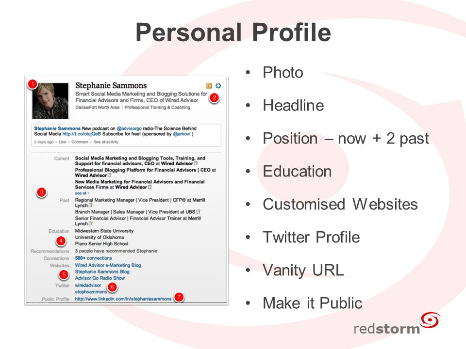 Personal Profile Photo Headline Position – now + 2 past Education Customised Websites Twitter Profile Vanity URL Make it Public