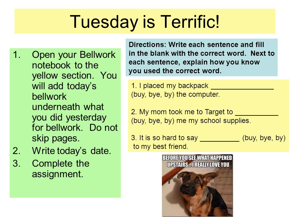 Tuesday is Terrific. 1.Open your Bellwork notebook to the yellow section.