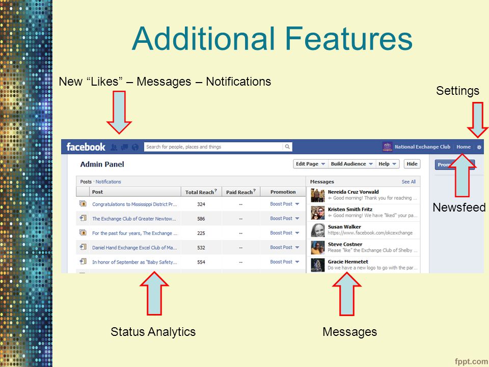 Additional Features Settings New Likes – Messages – Notifications Status AnalyticsMessages Newsfeed