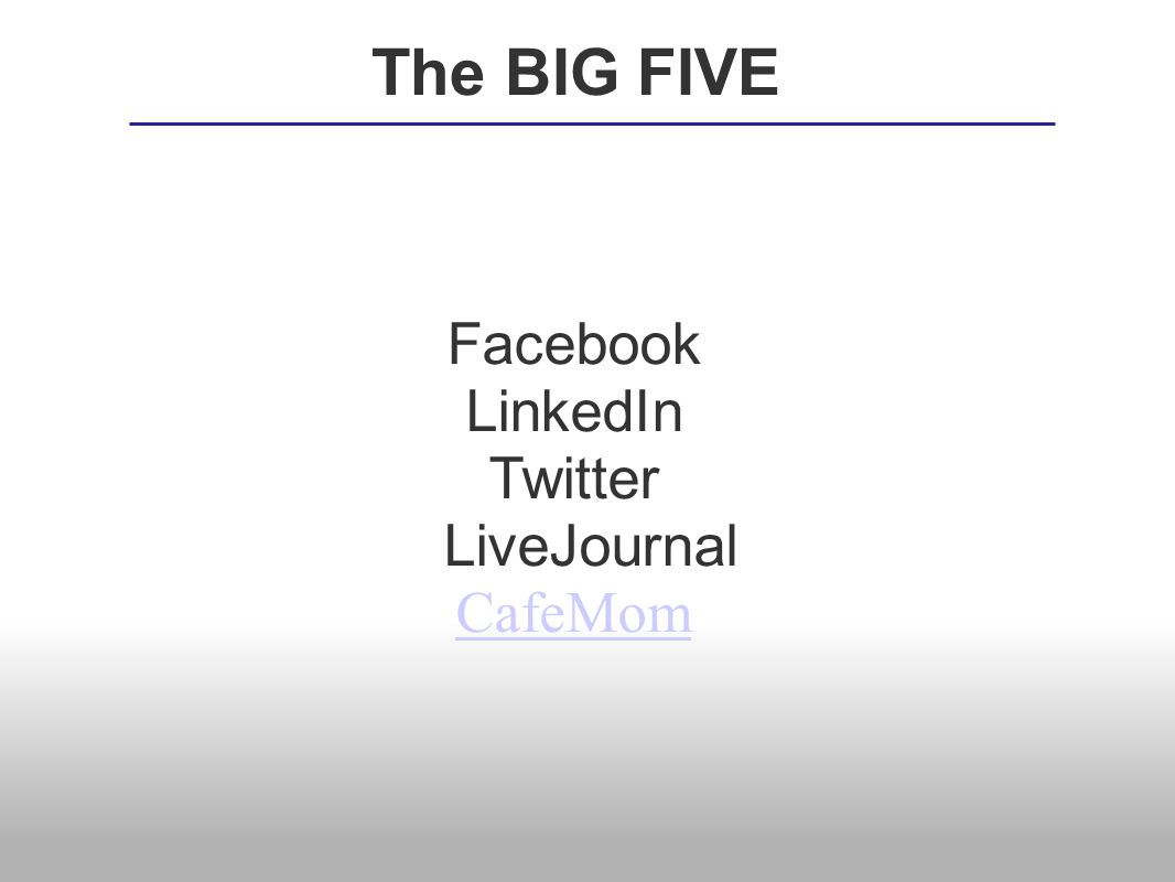 Facebook LinkedIn Twitter LiveJournal CafeMom The BIG FIVE