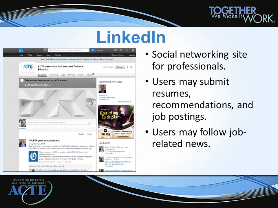LinkedIn Social networking site for professionals.
