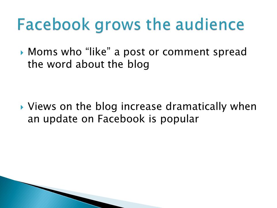  Moms who like a post or comment spread the word about the blog  Views on the blog increase dramatically when an update on Facebook is popular