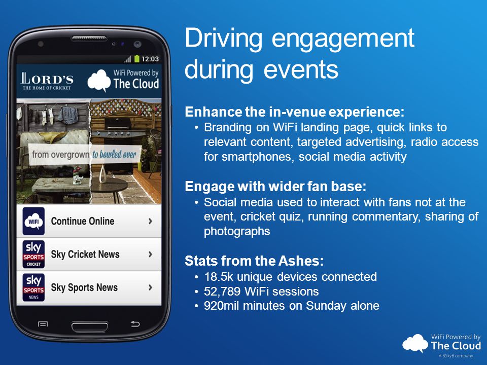 Driving engagement during events Enhance the in-venue experience: Branding on WiFi landing page, quick links to relevant content, targeted advertising, radio access for smartphones, social media activity Engage with wider fan base: Social media used to interact with fans not at the event, cricket quiz, running commentary, sharing of photographs Stats from the Ashes: 18.5k unique devices connected 52,789 WiFi sessions 920mil minutes on Sunday alone