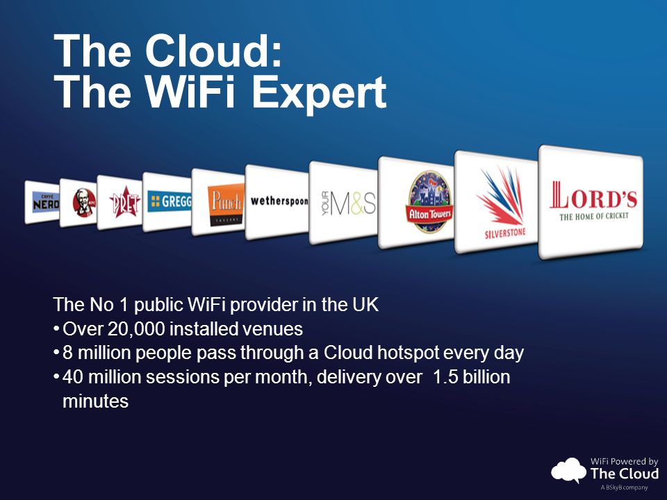 The Cloud: The WiFi Expert The No 1 public WiFi provider in the UK Over 20,000 installed venues 8 million people pass through a Cloud hotspot every day 40 million sessions per month, delivery over 1.5 billion minutes
