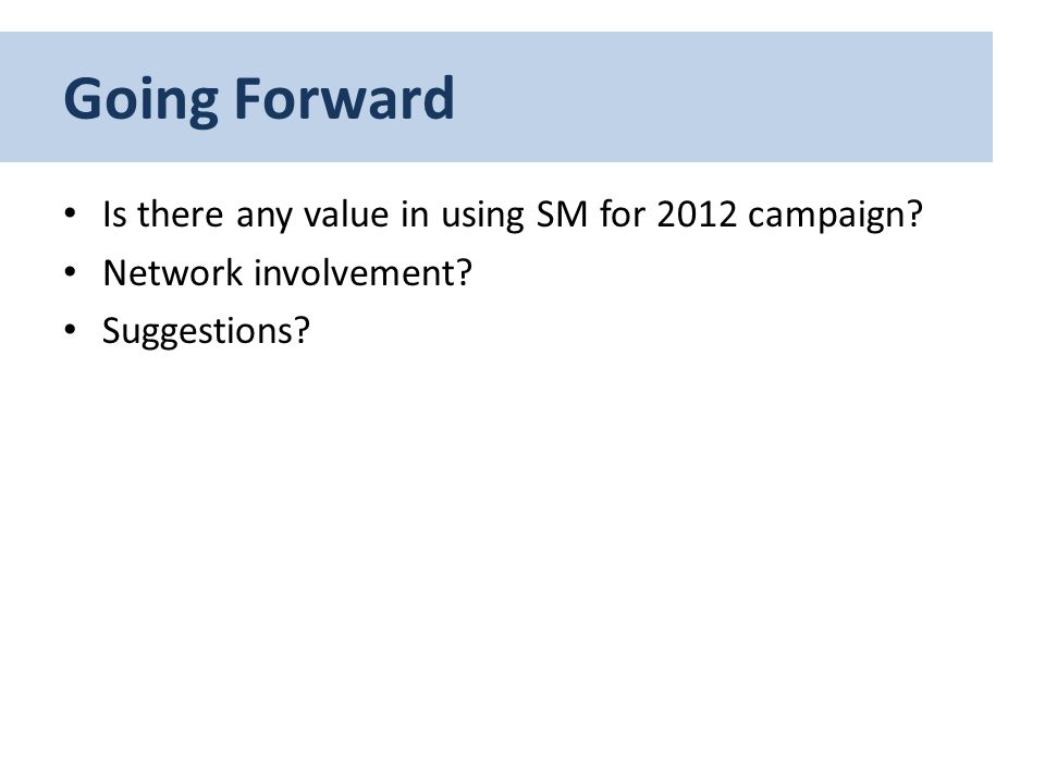Going Forward Is there any value in using SM for 2012 campaign Network involvement Suggestions