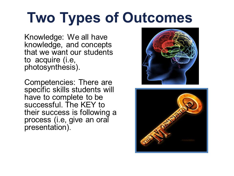 Two Types of Outcomes Knowledge: We all have knowledge, and concepts that we want our students to acquire (i.e, photosynthesis).