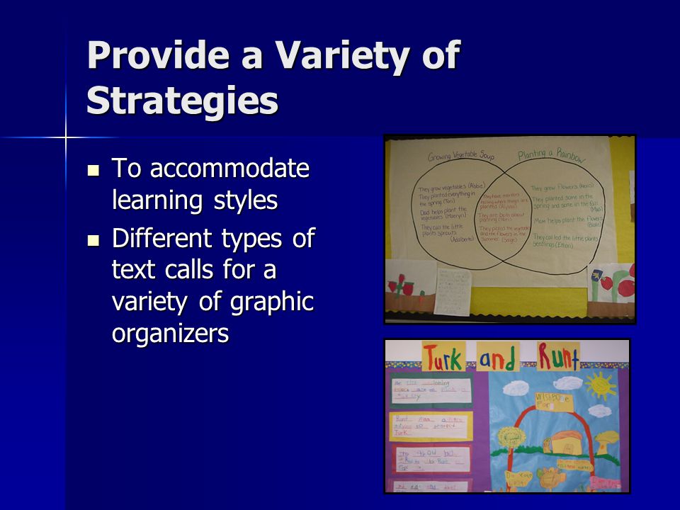 Provide a Variety of Strategies To accommodate learning styles To accommodate learning styles Different types of text calls for a variety of graphic organizers Different types of text calls for a variety of graphic organizers