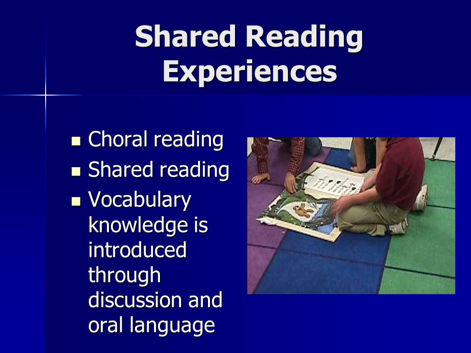 Shared Reading Experiences Choral reading Choral reading Shared reading Shared reading Vocabulary knowledge is introduced through discussion and oral language Vocabulary knowledge is introduced through discussion and oral language