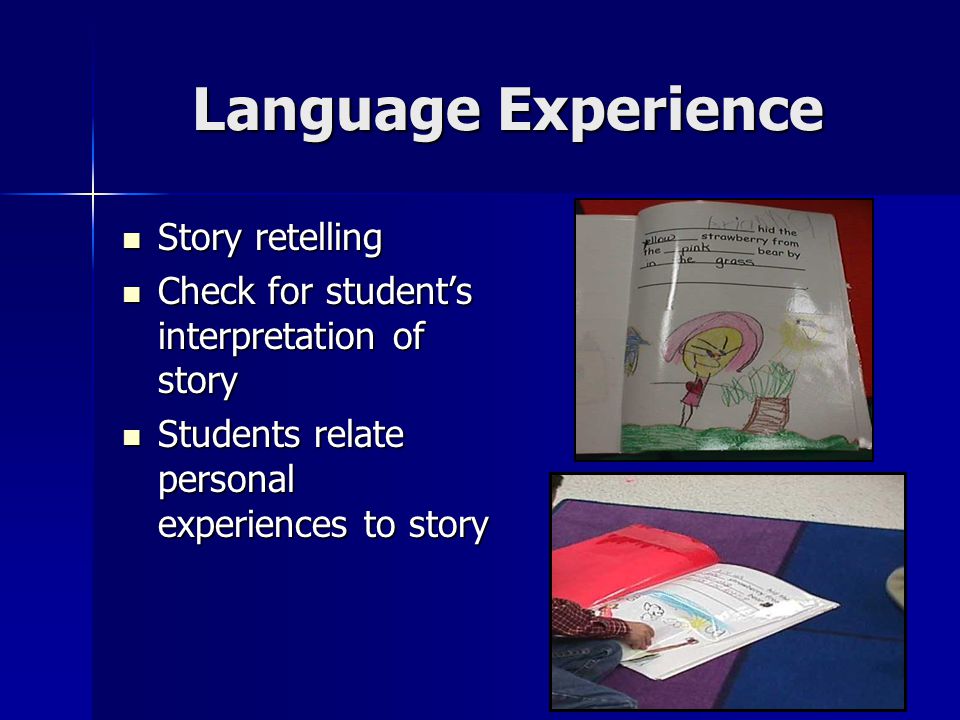Language Experience Story retelling Story retelling Check for student’s interpretation of story Check for student’s interpretation of story Students relate personal experiences to story Students relate personal experiences to story