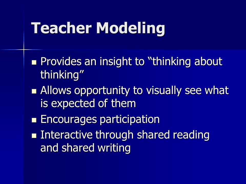 Teacher Modeling Provides an insight to thinking about thinking Provides an insight to thinking about thinking Allows opportunity to visually see what is expected of them Allows opportunity to visually see what is expected of them Encourages participation Encourages participation Interactive through shared reading and shared writing Interactive through shared reading and shared writing