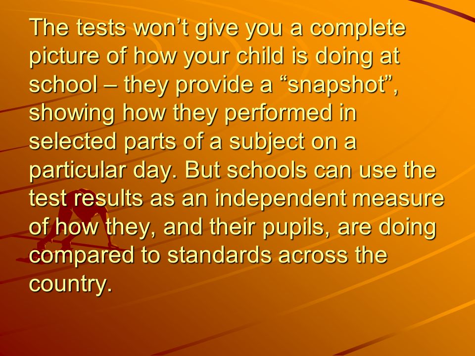 The tests won’t give you a complete picture of how your child is doing at school – they provide a snapshot , showing how they performed in selected parts of a subject on a particular day.