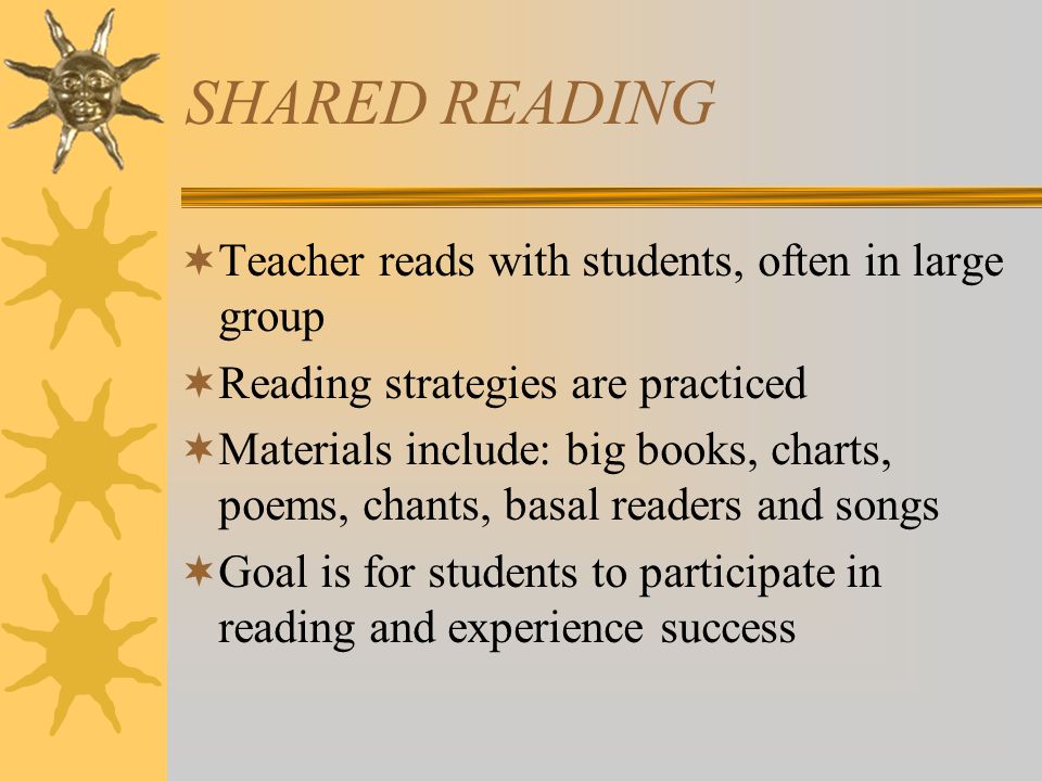 SHARED READING  Teacher reads with students, often in large group  Reading strategies are practiced  Materials include: big books, charts, poems, chants, basal readers and songs  Goal is for students to participate in reading and experience success