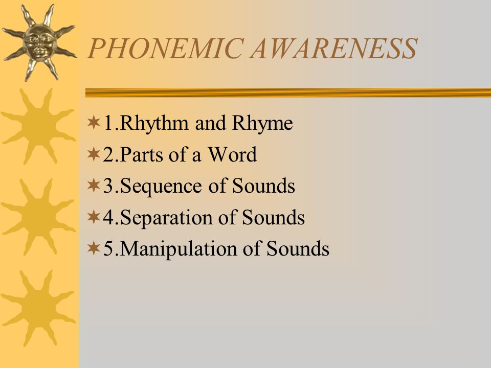 PHONEMIC AWARENESS  1.Rhythm and Rhyme  2.Parts of a Word  3.Sequence of Sounds  4.Separation of Sounds  5.Manipulation of Sounds