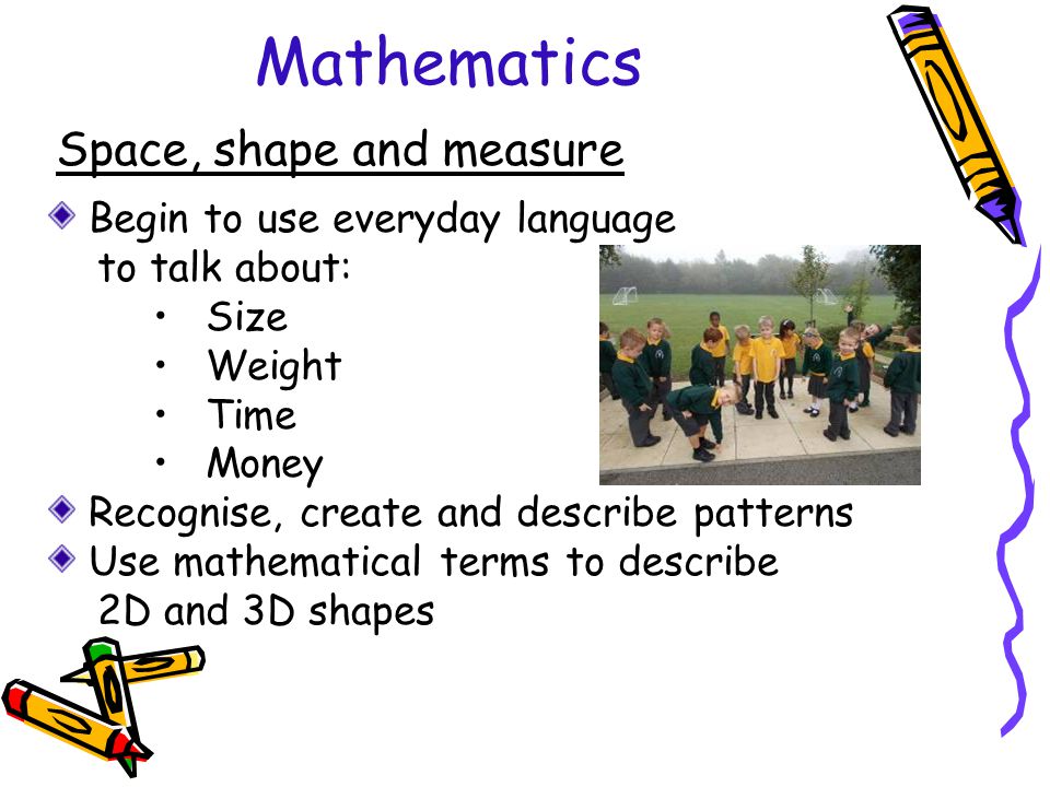 Mathematics Begin to use everyday language to talk about: Size Weight Time Money Recognise, create and describe patterns Use mathematical terms to describe 2D and 3D shapes Space, shape and measure