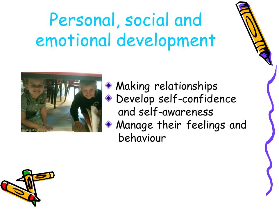 Making relationships Develop self-confidence and self-awareness Manage their feelings and behaviour Personal, social and emotional development